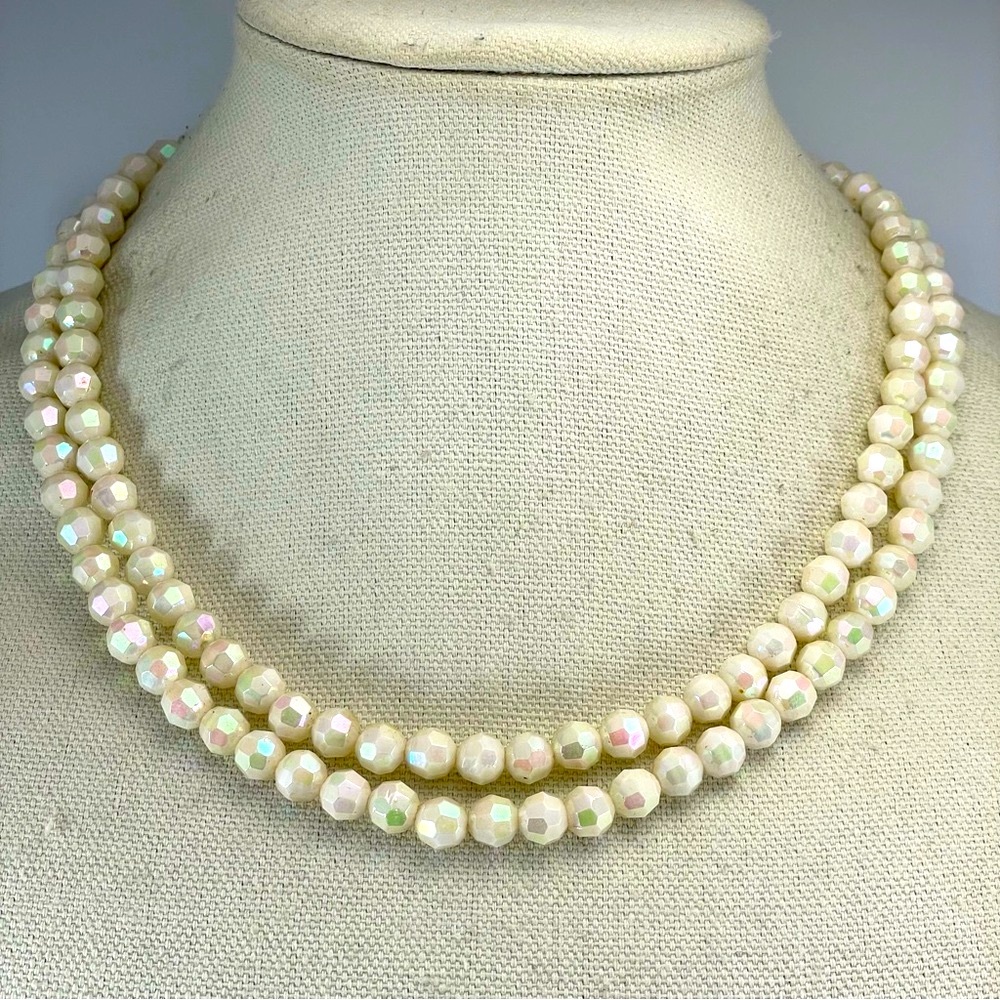 Vintage White AB Iridescent Rainbow Glass Beaded Two Layered Necklace Statement